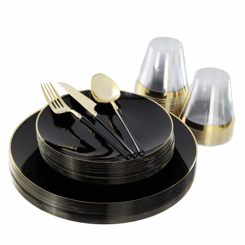 Elama 150 Piece Disposable Plastic Dinnerware Party Set For 25 Guests In Black With Gold Trim