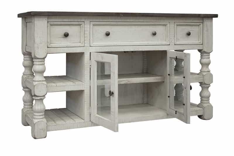 60" Ivory Solid Wood Open Shelving Distressed Tv Stand