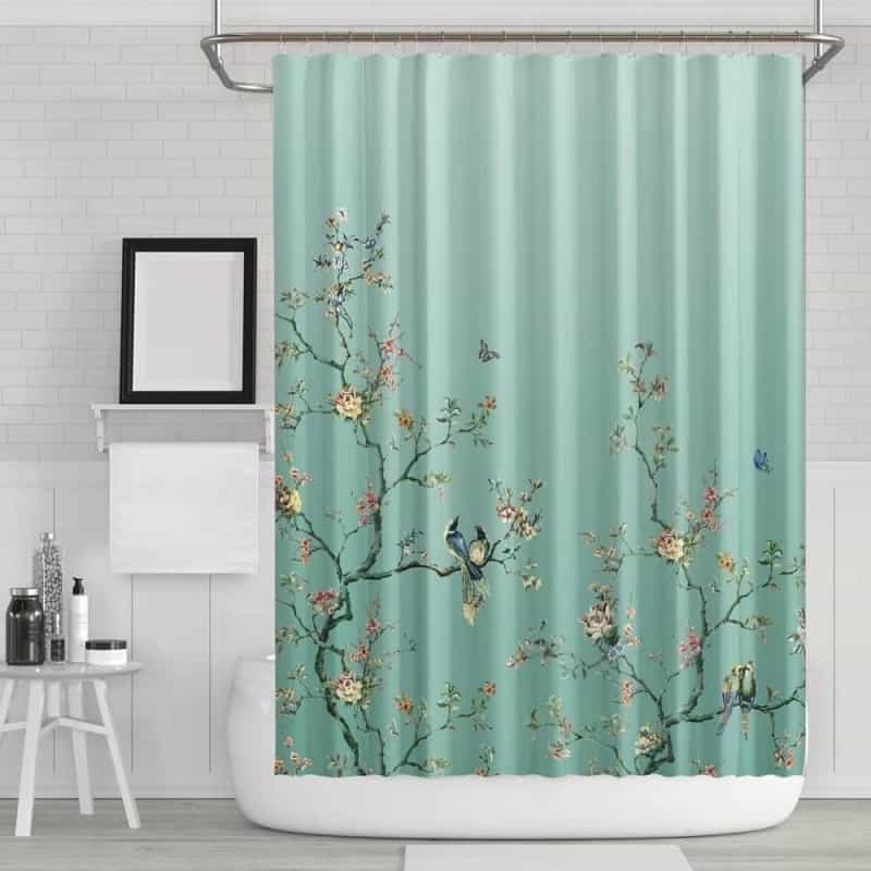 72-In. Teal Blue Green Floral Tree Bird Butterfly Japanese Style Shower Curtain