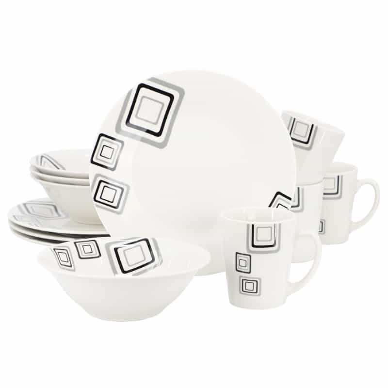 Gibson Home Black Squares 12 Piece Round Fine Ceramic Dinnerware Set In White