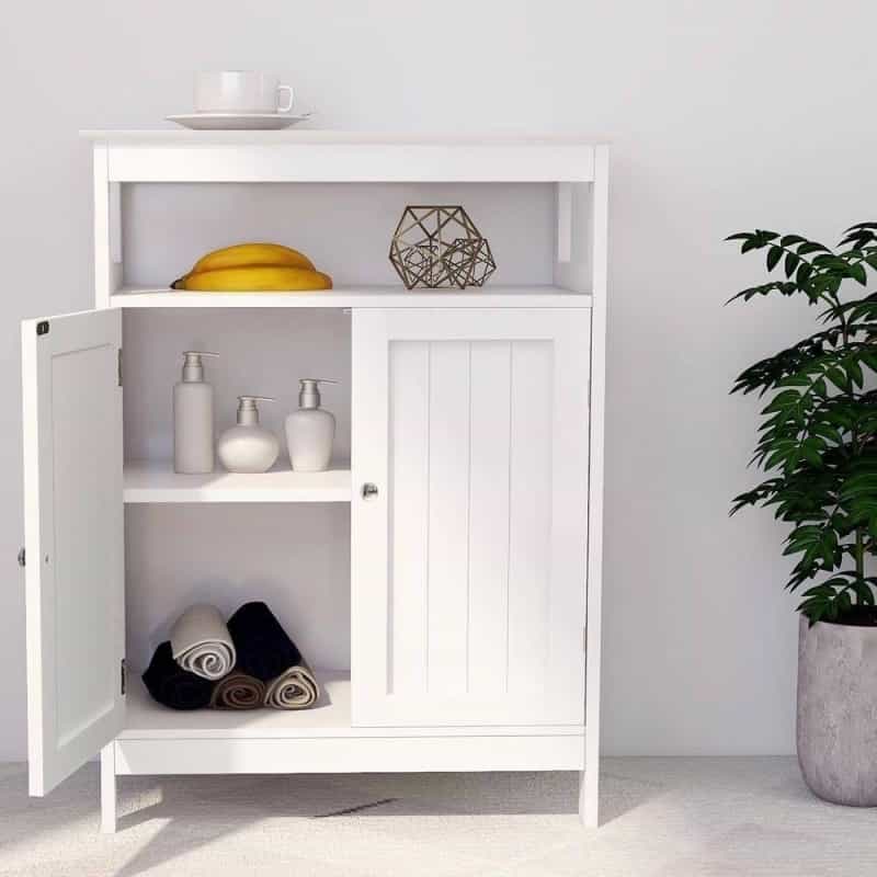 2-Door Bathroom Linen Cabinet With Storage Shelf In White Wood Finish