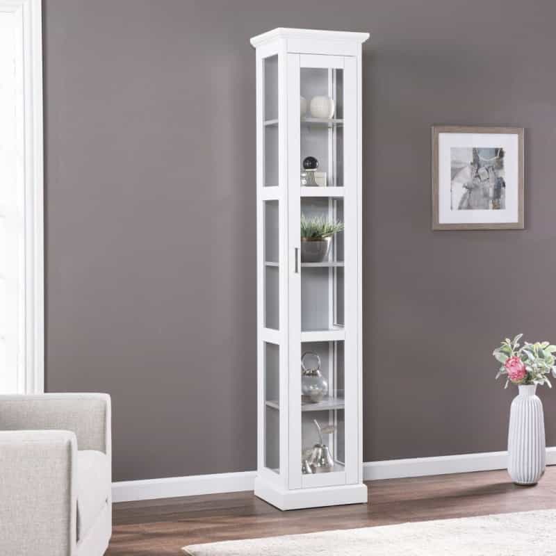 White Cornice Molding Curio With Glass Door