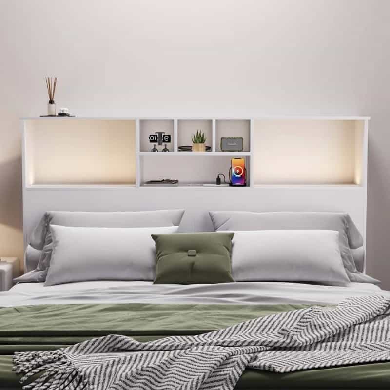 Queen Size Bookcase Headboard In White Wood Finish With Led Lights