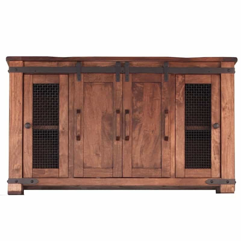 60" Brown Solid Wood Cabinet Enclosed Storage Distressed Tv Stand