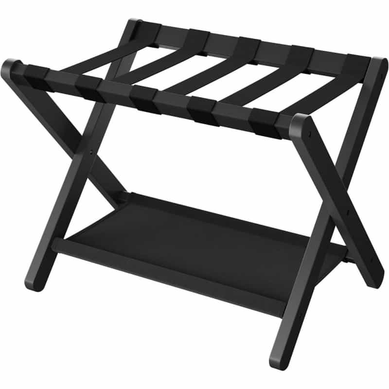 Sturdy Bamboo Luggage Rack In Black Wood Finish With Lower Storage Shelf
