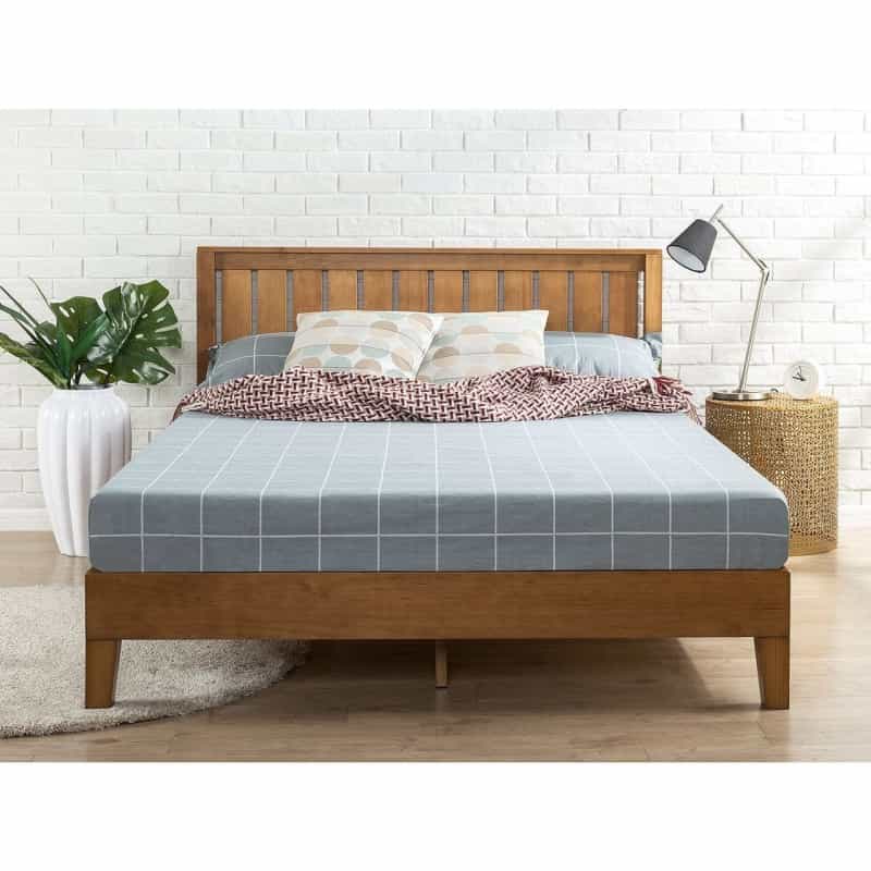 Full Size Solid Wood Platform Bed Frame With Headboard In Medium Brown Finish