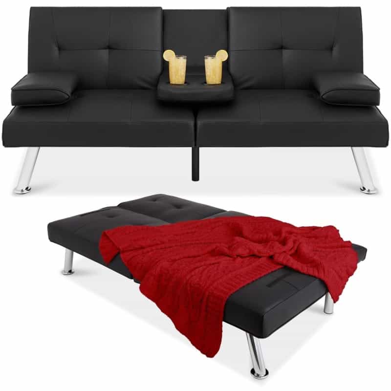 Black Faux Leather Convertible Sofa Futon With 2 Cup Holders