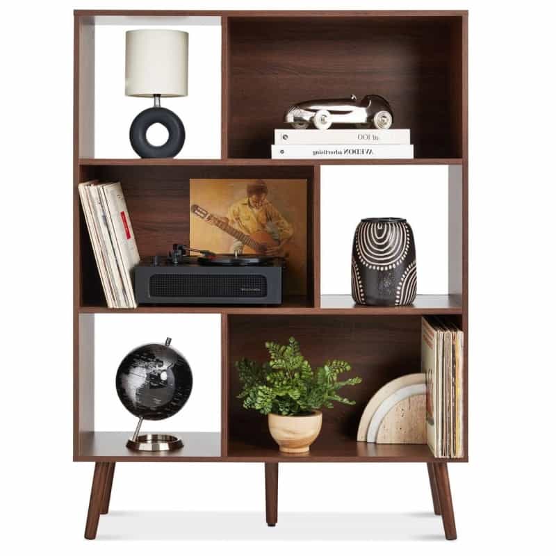 Mid Century Style Bookcase Storage Shelving Unit In Walnut Wood Finish