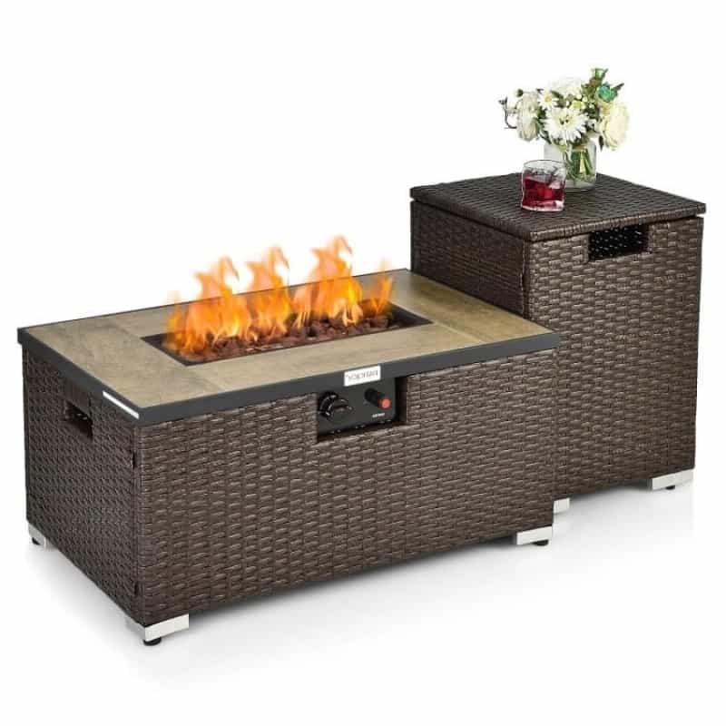 Outdoor Propane Fire Pit With Side Table Tank Holder In Brown Pe Rattan