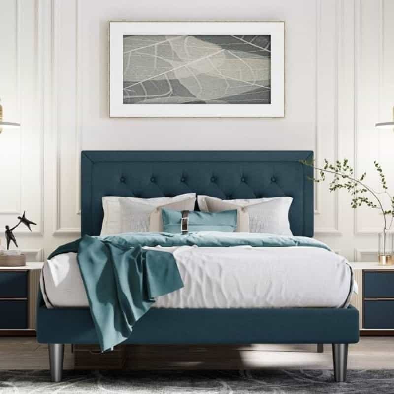 King Adjustable Height Platform Bed Frame With Blue Upholstered Headboard
