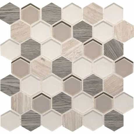 Idyllic Blends Serene Storm Glass, Stone, & Lvt Mosaic - 2" Hexagon - Honed