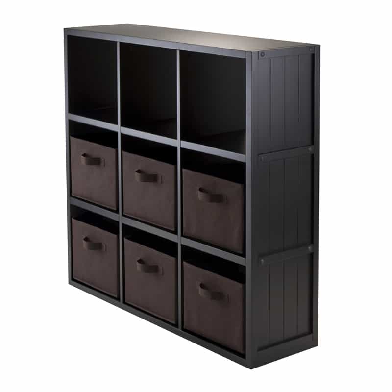 Timothy 9-Cube Storage Shelf with 6 Foldable Fabric Baskets, 38" Wide, Black and Chocolate